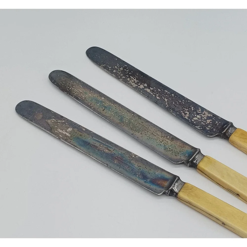 Antique Set 3 Lamson & Goodnow Dinner Knives Bone Handle Silverplate Victorian